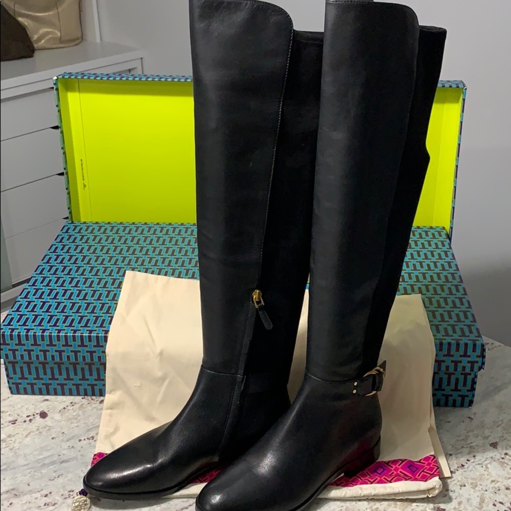 Tory Burch black over the knee boots with buckle